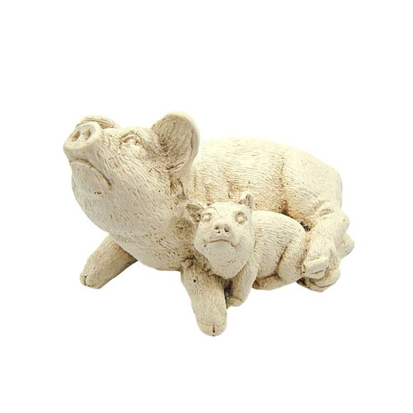 Vintage Stone Critters White Pig Hog w/ Baby Figurine Piglet Farmhouse 2x2" - Picture 1 of 9